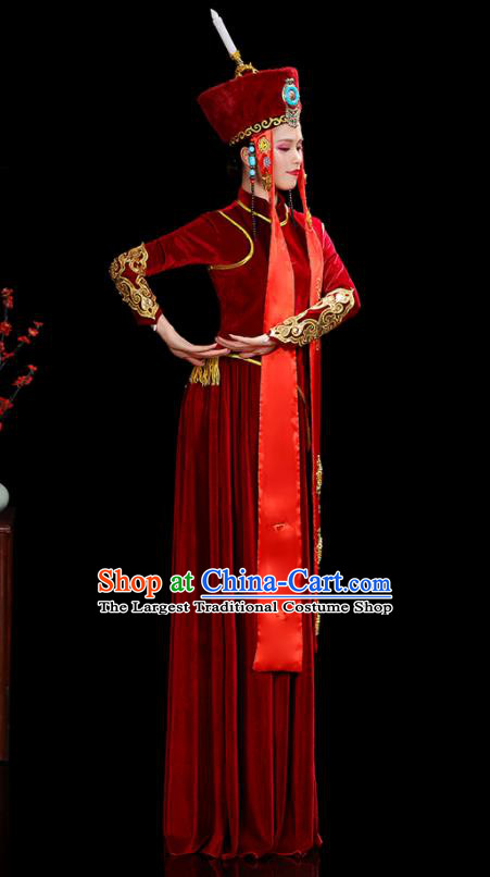 Chinese Ethnic Folk Dance Costumes Mongolian Nationality Stage Performance Red Velvet Dress Outfits Mongol Minority Woman Dance Clothing