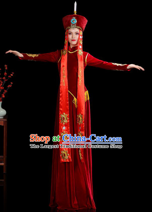 Chinese Ethnic Folk Dance Costumes Mongolian Nationality Stage Performance Red Velvet Dress Outfits Mongol Minority Woman Dance Clothing