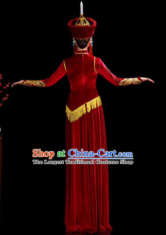 Chinese Ethnic Folk Dance Costumes Mongolian Nationality Stage Performance Red Velvet Dress Outfits Mongol Minority Woman Dance Clothing