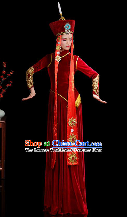Chinese Ethnic Folk Dance Costumes Mongolian Nationality Stage Performance Red Velvet Dress Outfits Mongol Minority Woman Dance Clothing