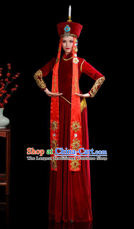 Chinese Ethnic Folk Dance Costumes Mongolian Nationality Stage Performance Red Velvet Dress Outfits Mongol Minority Woman Dance Clothing