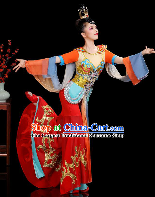 China Dunhuang Flying Apsaras Dance Dress Fairy Dance Red Outfits Woman Performance Clothing Classical Dance Garment Costumes