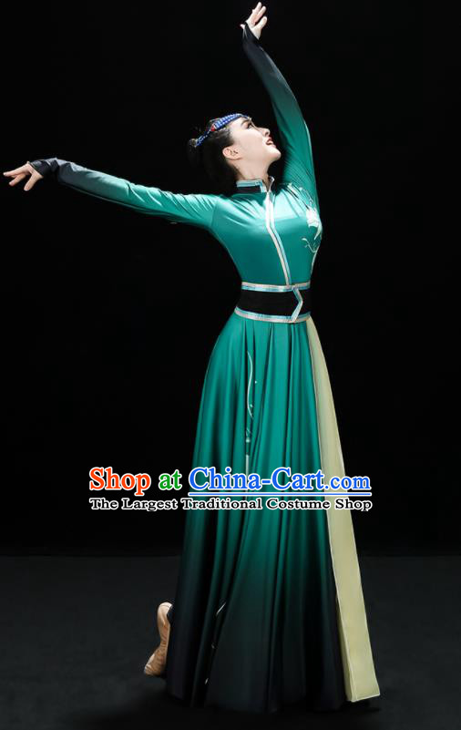 Chinese Mongol Nationality Dance Green Dress Outfits Mongolian Minority Folk Dance Clothing Ethnic Festival Performance Costumes