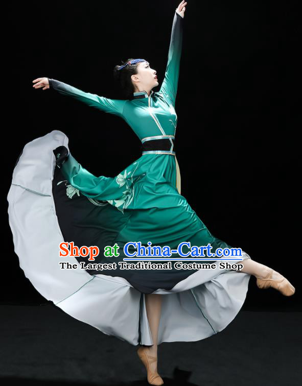 Chinese Mongol Nationality Dance Green Dress Outfits Mongolian Minority Folk Dance Clothing Ethnic Festival Performance Costumes