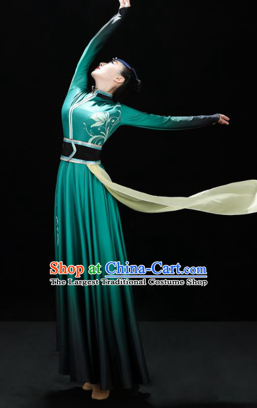 Chinese Mongol Nationality Dance Green Dress Outfits Mongolian Minority Folk Dance Clothing Ethnic Festival Performance Costumes