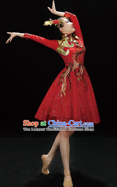 Professional China Stage Performance Costume Women Drum Dance Garments Modern Dance Clothing Spring Festival Gala Opening Dance Red Dress