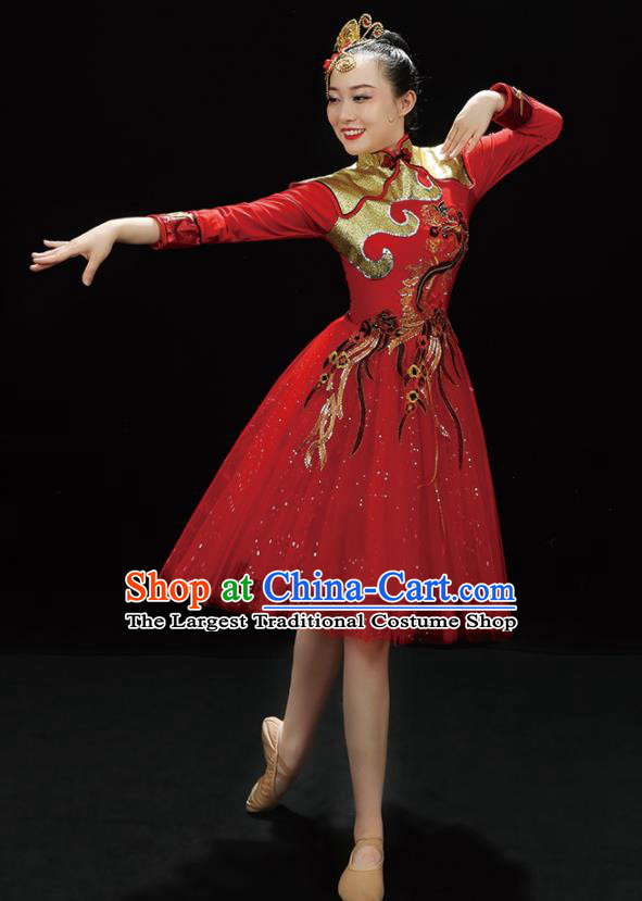 Professional China Stage Performance Costume Women Drum Dance Garments Modern Dance Clothing Spring Festival Gala Opening Dance Red Dress