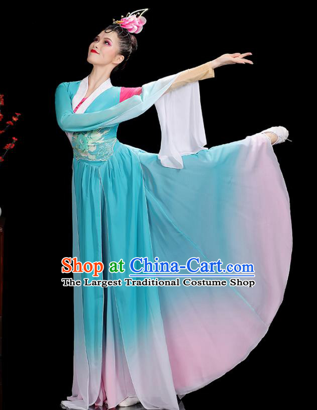 China Woman Performance Clothing Classical Dance Garment Costumes Umbrella Dance Dress Jinghong Dance Blue Outfits