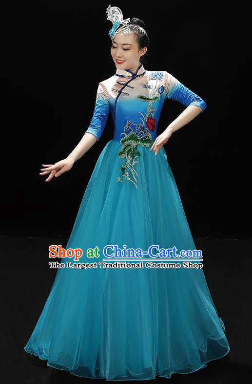 Professional China Spring Festival Gala Opening Dance Blue Dress Stage Performance Costume Women Chorus Garments Modern Dance Clothing