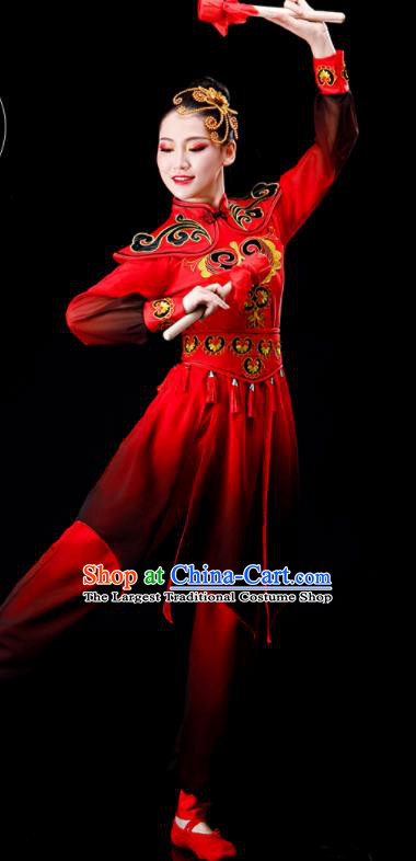 Chinese Folk Dance Costumes Traditional Drum Dance Apparels Women Group Performance Clothing Yangko Dance Red Outfits