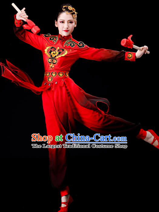 Chinese Folk Dance Costumes Traditional Drum Dance Apparels Women Group Performance Clothing Yangko Dance Red Outfits