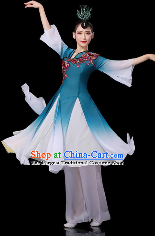 China Fan Dance Blue Outfits Woman Performance Clothing Classical Dance Garment Costumes Umbrella Dance Dress