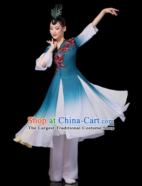 China Fan Dance Blue Outfits Woman Performance Clothing Classical Dance Garment Costumes Umbrella Dance Dress