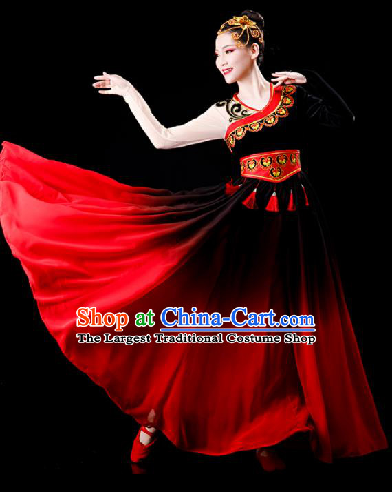 Chinese Xinjiang Ethnic Festival Performance Costumes Uyghur Nationality Dance Red Dress Outfits Uighur Minority Folk Dance Clothing