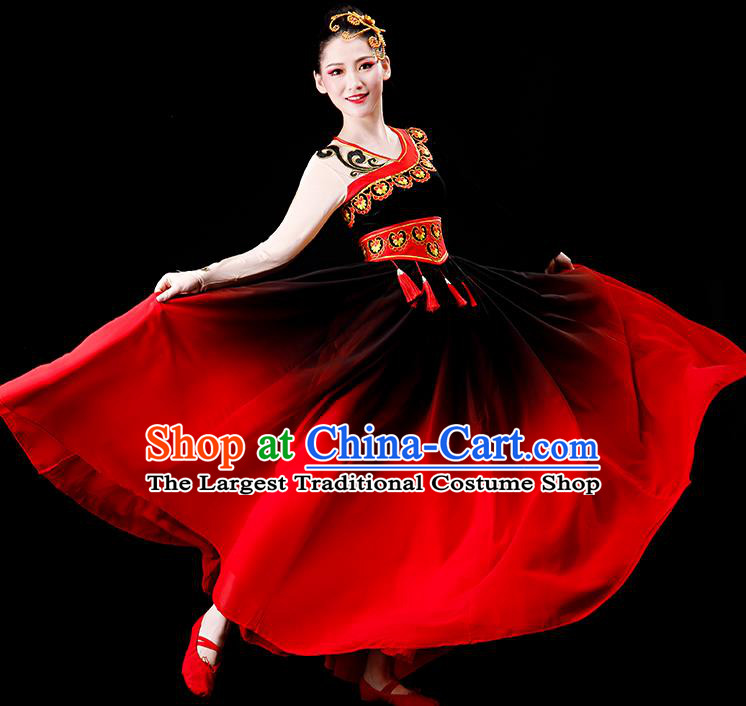 Chinese Xinjiang Ethnic Festival Performance Costumes Uyghur Nationality Dance Red Dress Outfits Uighur Minority Folk Dance Clothing