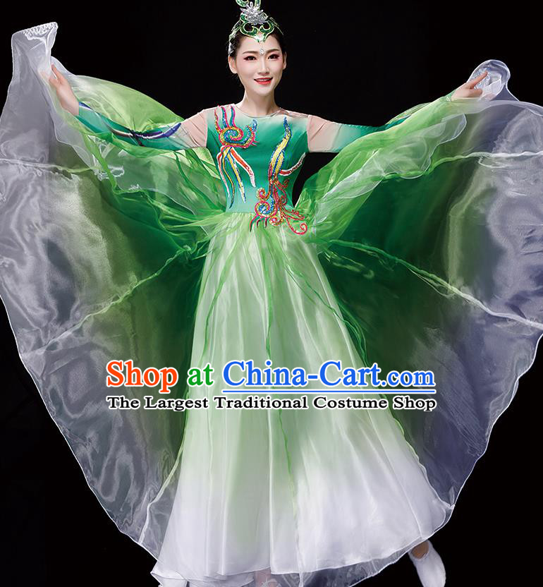 China Woman Group Dancewear Classical Dance Clothing Umbrella Dance Garment Costumes Fan Dance Green Dress