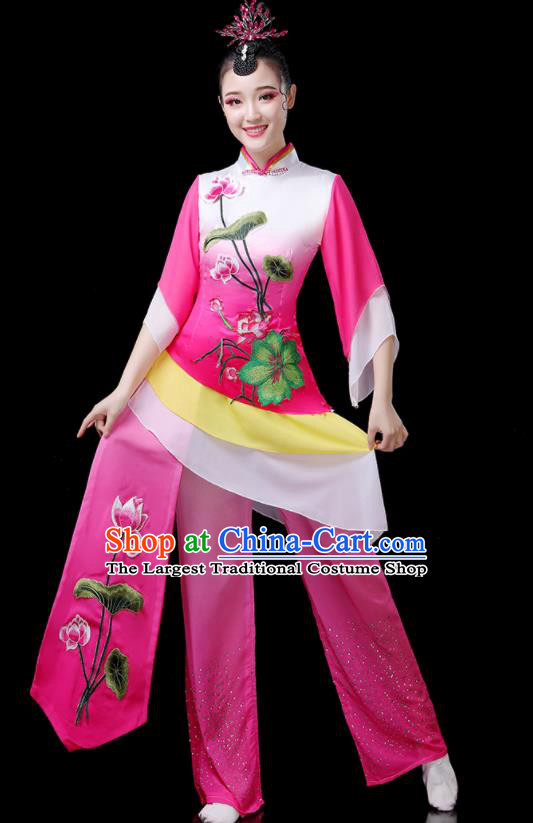 Chinese Folk Dance Costumes Traditional Lotus Dance Apparels Women Group Performance Clothing Yangko Dance Rosy Outfits