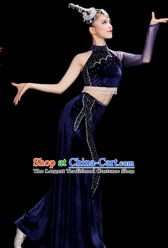 Chinese Dai Nationality Stage Performance Navy Velvet Dress Outfits Tai Minority Peacock Dance Clothing Yunnan Ethnic Female Dance Costumes