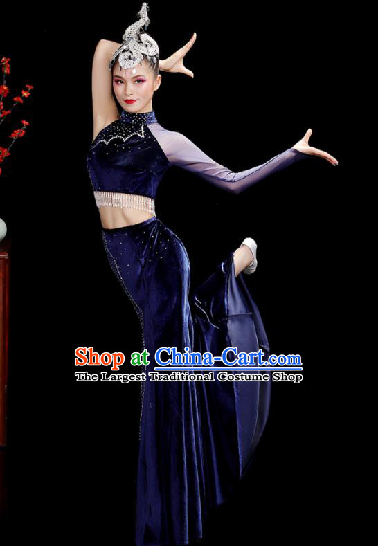 Chinese Dai Nationality Stage Performance Navy Velvet Dress Outfits Tai Minority Peacock Dance Clothing Yunnan Ethnic Female Dance Costumes