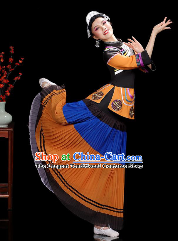 Chinese Yunnan Ethnic Female Dance Costumes Yi Nationality Stage Performance Orange Dress Outfits Li Minority Dance Clothing