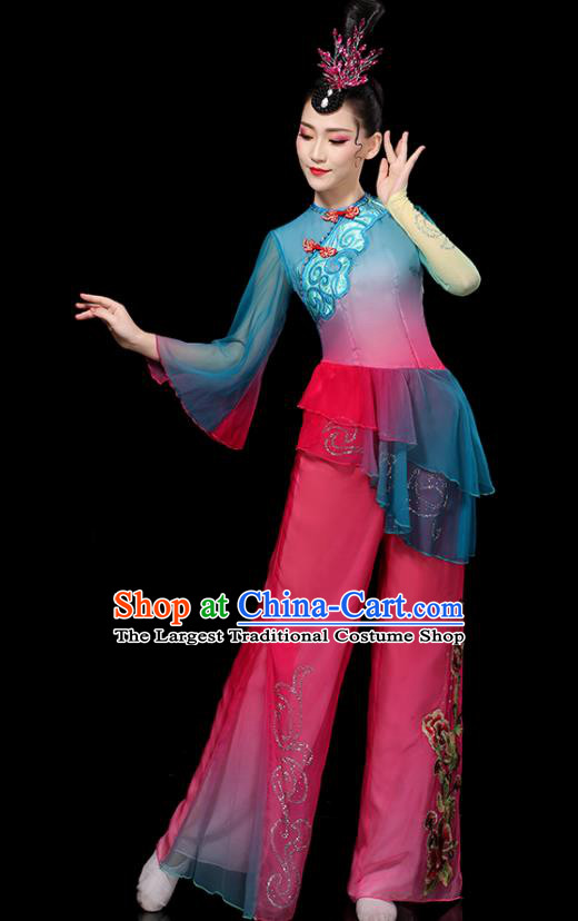 Chinese Female Group Dance Costumes Yangko Performance Apparels Folk Dance Clothing Traditional Fan Dance Rosy Outfits
