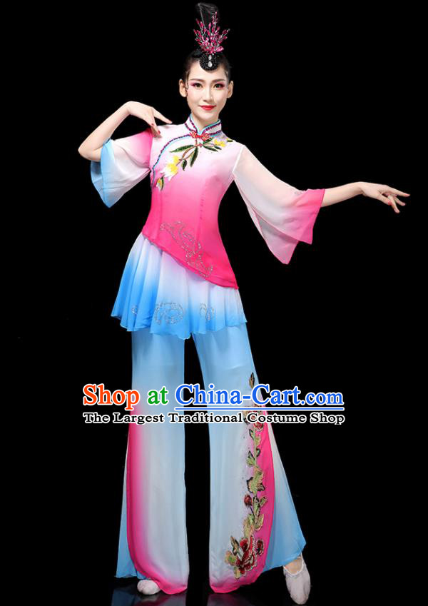 Chinese Traditional Fan Dance Pink Outfits Female Group Dance Costumes Yangko Performance Apparels Folk Dance Clothing