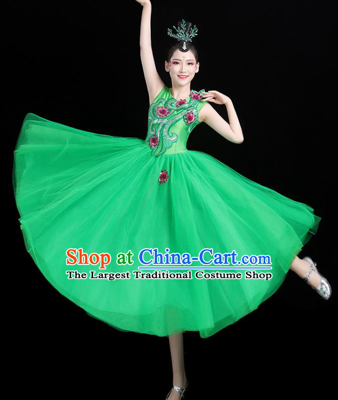 Professional China Opening Dance Green Veil Dress Women Group Dance Costumes Chorus Performance Garments Modern Dance Clothing