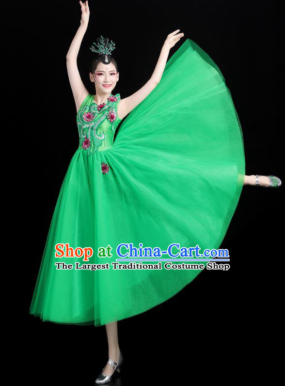 Professional China Opening Dance Green Veil Dress Women Group Dance Costumes Chorus Performance Garments Modern Dance Clothing