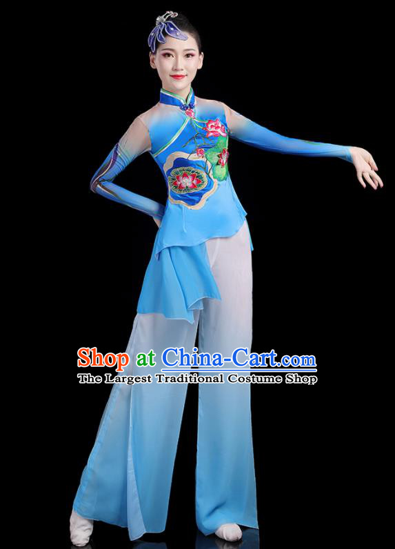 Chinese Traditional Fan Dance Blue Outfits Female Lotus Dance Costumes Yangko Performance Apparels Folk Dance Clothing