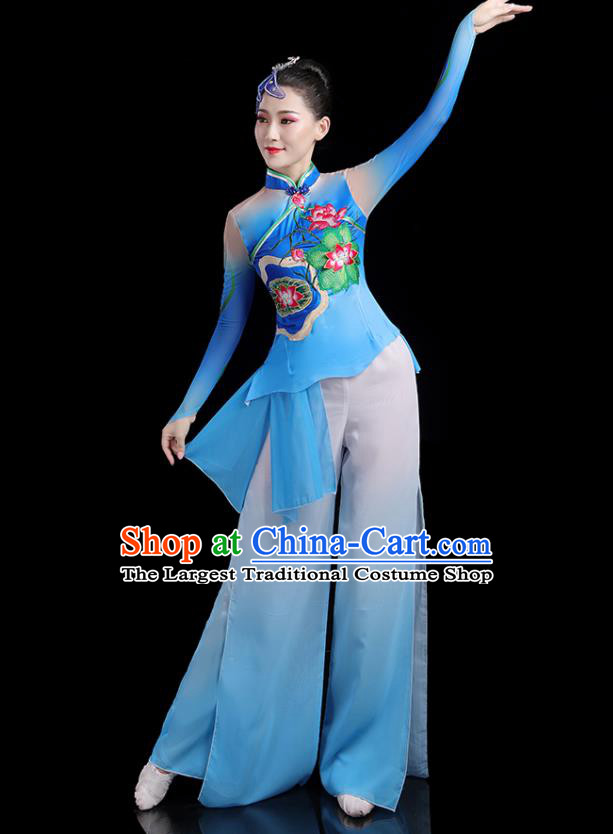 Chinese Traditional Fan Dance Blue Outfits Female Lotus Dance Costumes Yangko Performance Apparels Folk Dance Clothing