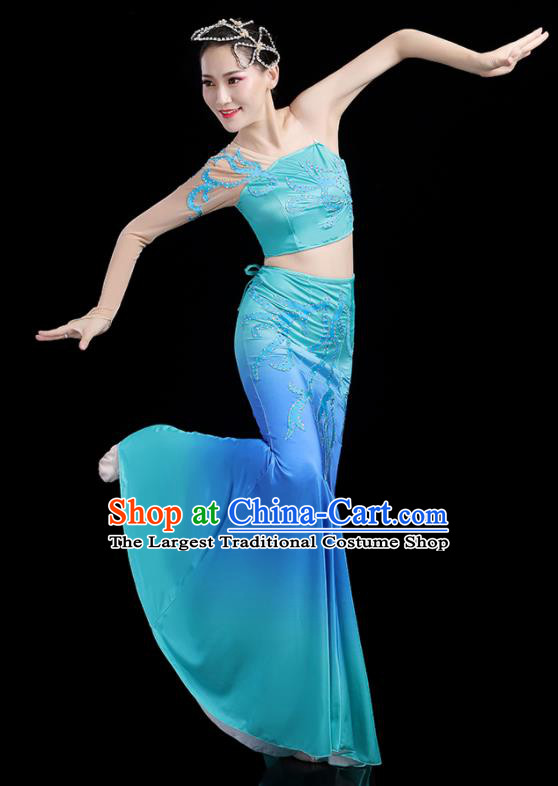 Chinese Dai Nationality Stage Performance Blue Dress Outfits Tai Minority Peacock Dance Clothing Yunnan Ethnic Pavane Dance Costumes