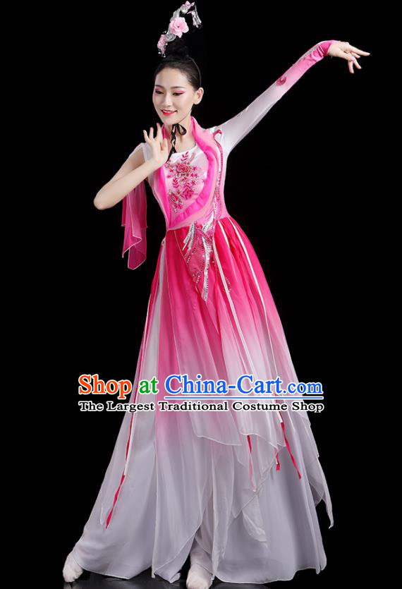 China Woman Dancewear Classical Dance Clothing Umbrella Dance Garment Costumes Fan Dance Rosy Dress Jasmine Flower Performance Outfits