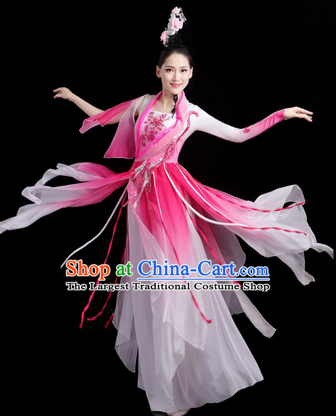 China Woman Dancewear Classical Dance Clothing Umbrella Dance Garment Costumes Fan Dance Rosy Dress Jasmine Flower Performance Outfits