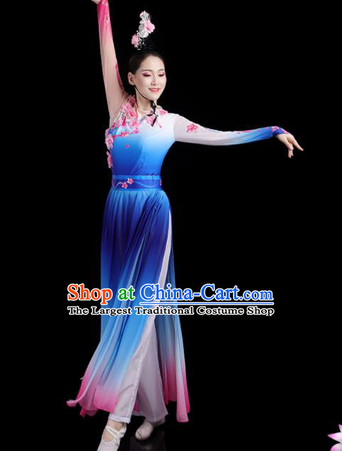 China Jasmine Flower Performance Outfits Woman Dancewear Classical Dance Clothing Umbrella Dance Garment Costumes Fan Dance Blue Dress