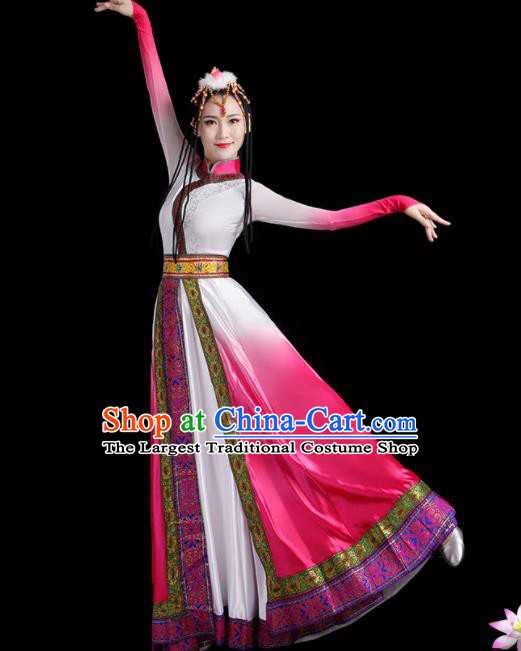 Chinese Xizang Ethnic Festival Costumes Zang Nationality Stage Performance Pink Dress Outfits Tibetan Minority Female Dance Clothing