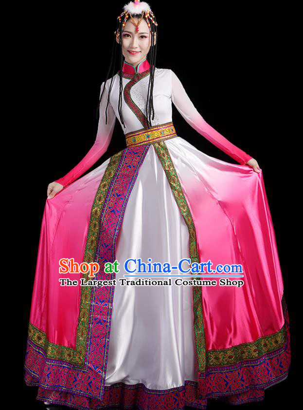 Chinese Xizang Ethnic Festival Costumes Zang Nationality Stage Performance Pink Dress Outfits Tibetan Minority Female Dance Clothing