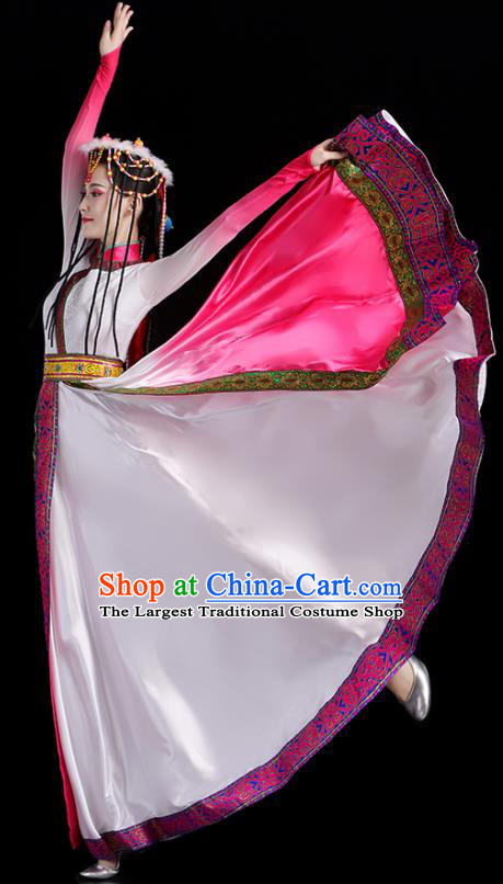 Chinese Xizang Ethnic Festival Costumes Zang Nationality Stage Performance Pink Dress Outfits Tibetan Minority Female Dance Clothing