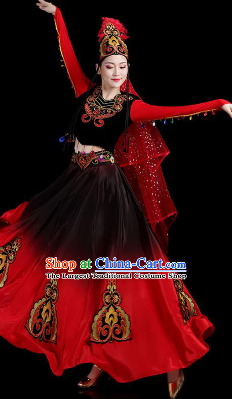 Chinese Uyghur Nationality Stage Performance Red Dress Outfits Uighur Minority Female Dance Clothing Xinjiang Ethnic Festival Costumes