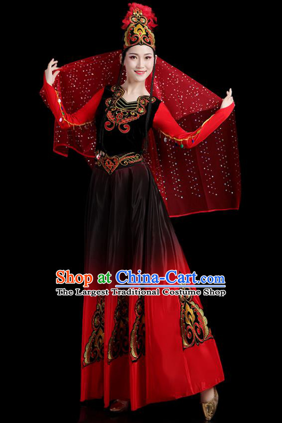 Chinese Uyghur Nationality Stage Performance Red Dress Outfits Uighur Minority Female Dance Clothing Xinjiang Ethnic Festival Costumes