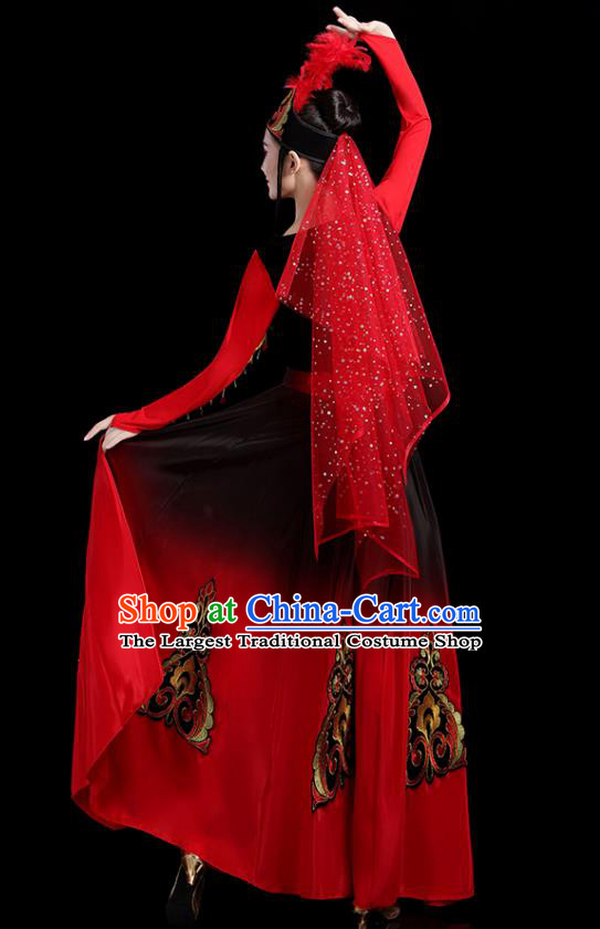 Chinese Uyghur Nationality Stage Performance Red Dress Outfits Uighur Minority Female Dance Clothing Xinjiang Ethnic Festival Costumes