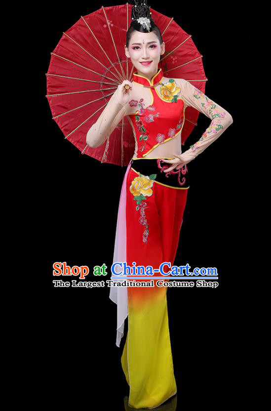 Chinese Traditional Fan Dance Red Outfits Woman Group Folk Dance Costumes Yangko Performance Apparels Square Dance Clothing