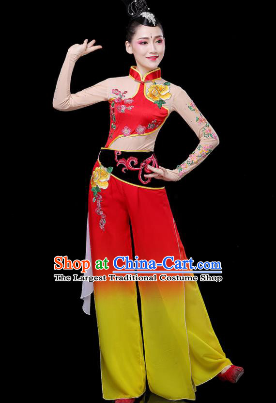 Chinese Traditional Fan Dance Red Outfits Woman Group Folk Dance Costumes Yangko Performance Apparels Square Dance Clothing