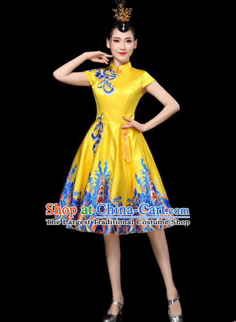 Professional China Chorus Performance Garments Modern Dance Clothing Opening Dance Yellow Dress Women Group Dance Costumes