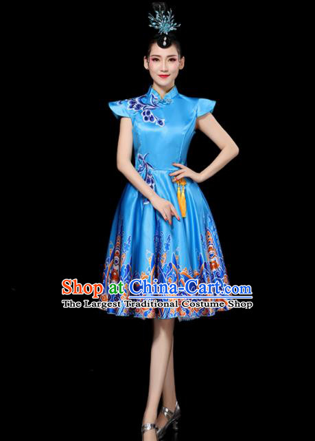 Professional China Women Group Dance Costumes Chorus Performance Garments Modern Dance Clothing Opening Dance Blue Dress