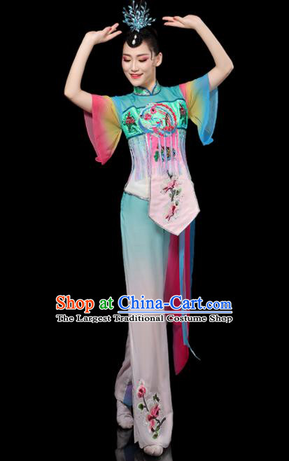 Chinese Folk Dance Clothing Traditional Fan Dance Blue Outfits Waist Drum Dance Costumes Yangko Performance Apparels