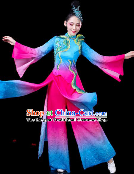 Chinese Women Square Dance Clothing Traditional Fan Dance Blue Outfits Group Dance Costumes Yangko Performance Apparels