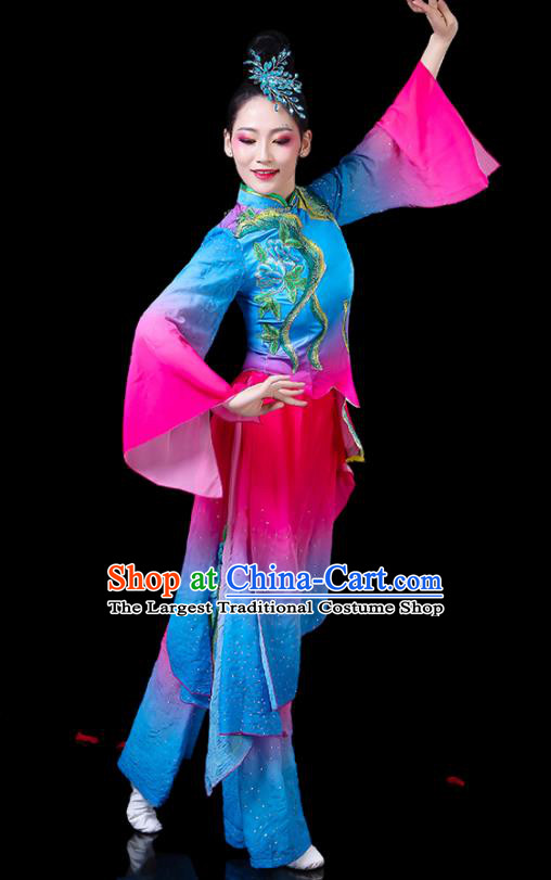 Chinese Women Square Dance Clothing Traditional Fan Dance Blue Outfits Group Dance Costumes Yangko Performance Apparels