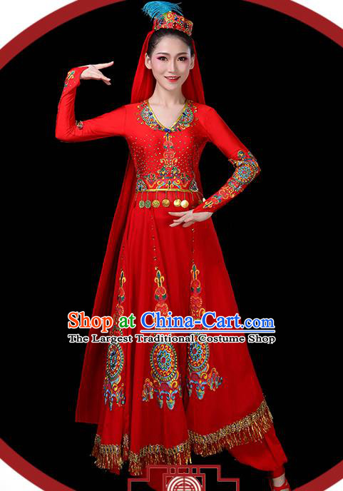 Chinese Uyghur Minority Folk Dance Clothing Xinjiang Ethnic Performance Costumes Uighur Nationality Female Dance Red Dress Outfits