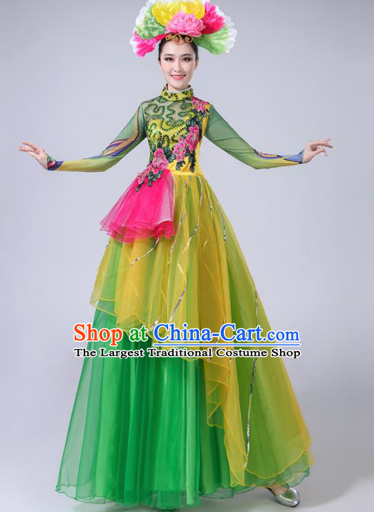 Professional China Flower Dance Costume Women Chorus Performance Garments Modern Dance Clothing Spring Festival Gala Opening Dance Green Dress