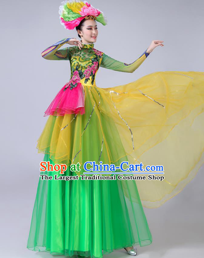 Professional China Flower Dance Costume Women Chorus Performance Garments Modern Dance Clothing Spring Festival Gala Opening Dance Green Dress
